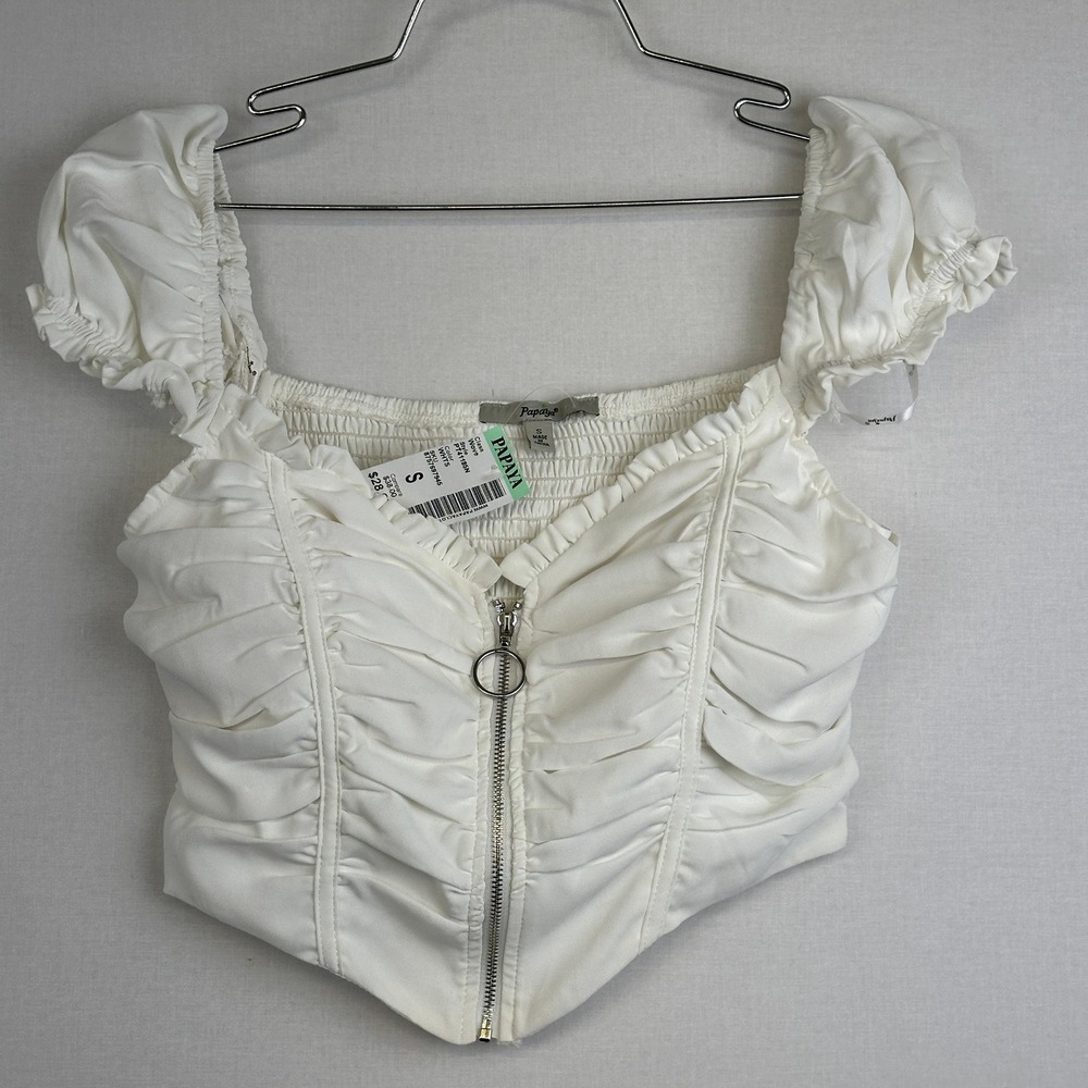 Papaya Ruched Zip Front Puff Sleeve Crop Top White Women's Small
